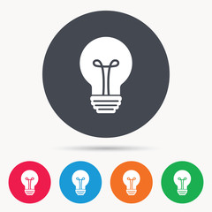 Light bulb icon. Lamp sign. Illumination technology symbol. Colored circle buttons with flat web icon. Vector