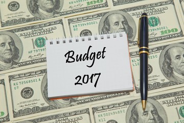 Notebook page with words BUDGET 2017 on dollar background