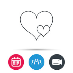 Love hearts icon. Lovers sign. Couple relationships. Group of people, video cam and calendar icons. Vector