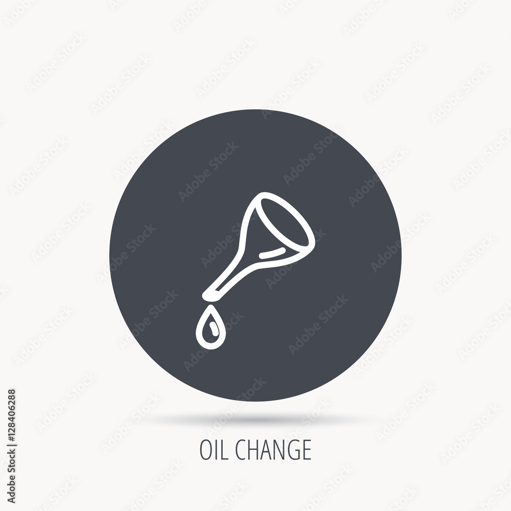 Poster oil change service icon. fuel can with drop sign. round web button with flat icon. vector