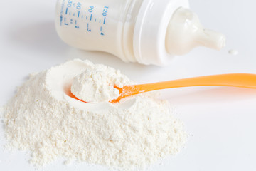preparation of mixture baby feeding on white background