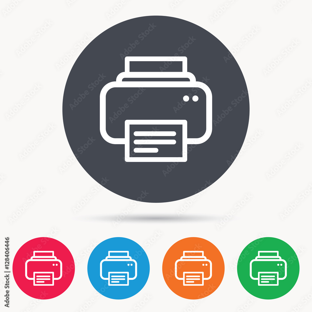 Poster printer icon. print documents technology symbol. colored circle buttons with flat web icon. vector