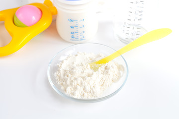 preparation of mixture baby feeding on white background
