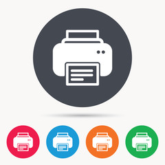 Printer icon. Print documents technology symbol. Colored circle buttons with flat web icon. Vector