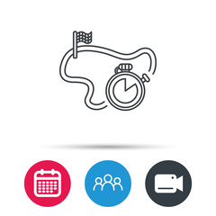 Race road icon. Finishing flag with timer sign. Group of people, video cam and calendar icons. Vector