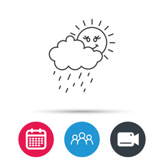 Rain and sun icon. Water drops and cloud sign. Rainy overcast day symbol. Group of people, video cam and calendar icons. Vector