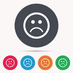 Fototapeta premium Sad smiley icon. Bad feedback symbol. Colored circle buttons with flat web icon. Vector
