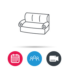 Sofa icon. Comfortable couch sign. Furniture symbol. Group of people, video cam and calendar icons. Vector