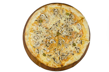 pizza with mushrooms on a wooden board