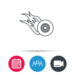 Burning wheel icon. Speed or Race sign. Group of people, video cam and calendar icons. Vector