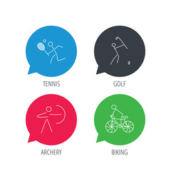 Colored speech bubbles. Biking, tennis and golf icons. Archery linear sign. Flat web buttons with linear icons. Vector
