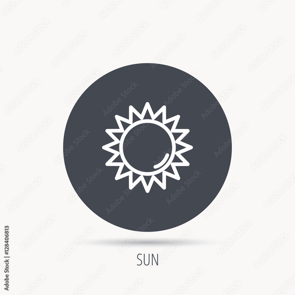 Poster Sun rays icon. Summer sign. Hot weather symbol. Round web button with flat icon. Vector