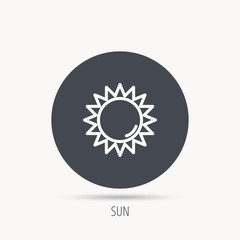 Sun rays icon. Summer sign. Hot weather symbol. Round web button with flat icon. Vector