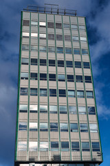 The facade of a modern building with aluminum and glass in Poznan.