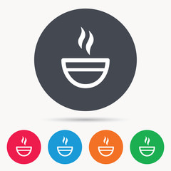 Tea cup icon. Hot coffee drink symbol. Colored circle buttons with flat web icon. Vector