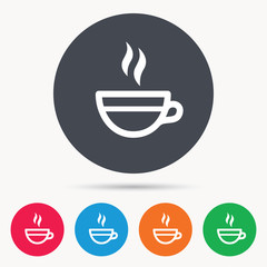 Tea cup icon. Hot coffee drink symbol. Colored circle buttons with flat web icon. Vector