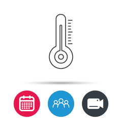 Thermometer icon. Weather temperature sign. Meteorology symbol. Group of people, video cam and calendar icons. Vector