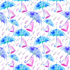 Fototapeta na wymiar Seamless pattern with cat, mouse and umbrella.Funny picture.Watercolor hand drawn illustration.White background.