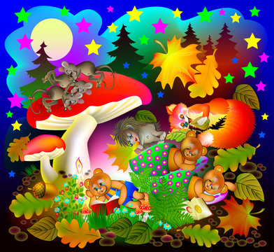 Illustration of wonderland night landscape with sleeping animals. Vector cartoon image.