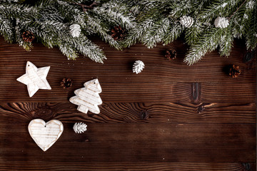 Christmas decorations New Year on dark wooden background top view