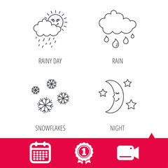 Achievement and video cam signs. Weather, snowflakes and rain icons. Moon night linear sign. Calendar icon. Vector