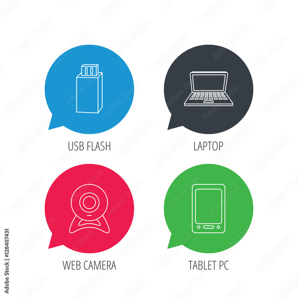 Poster colored speech bubbles. web camera, usb flash and notebook laptop icons. tablet pc linear sign. flat