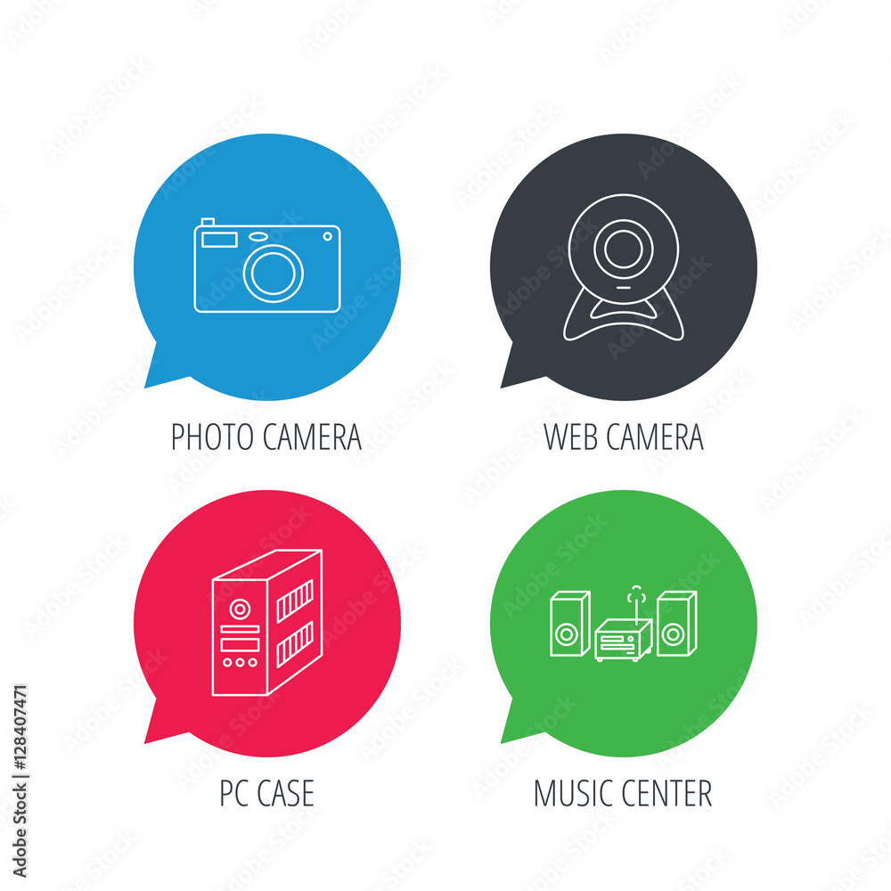 Poster colored speech bubbles. photo camera, pc case and music center icons. web camera linear sign. flat w