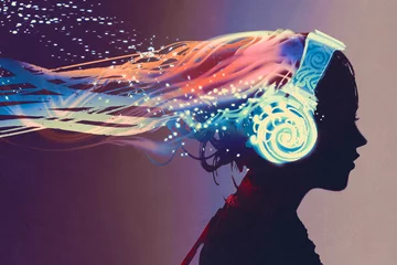 Foto op Canvas woman with magic glowing headphones on dark background,illustration painting © grandfailure