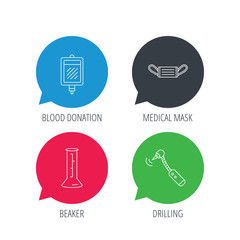 Colored speech bubbles. Medical mask, blood and drilling tool icons. Beaker linear sign. Flat web buttons with linear icons. Vector