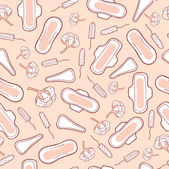 Seamless pattern with menstrual sanitary napkins and tampons. Feminine hygiene. Vector background.