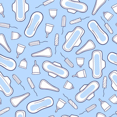 Seamless pattern with feminine hygiene products. Sanitary pads, tampons, menstrual cups, panties. Vector background.