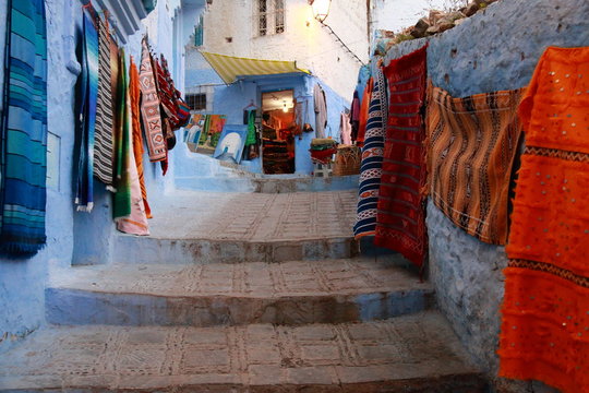Street full of carpets in Chefchaouen, Morocco