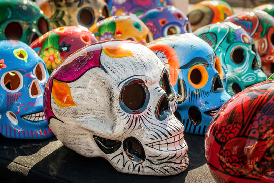 Colorful painted skulls at el dia de los muertos