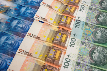PLN EURO and CHF banknotes
