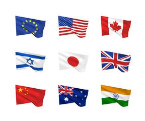 Vector flags. A set of 9 wavy 3D flags created using gradient meshes