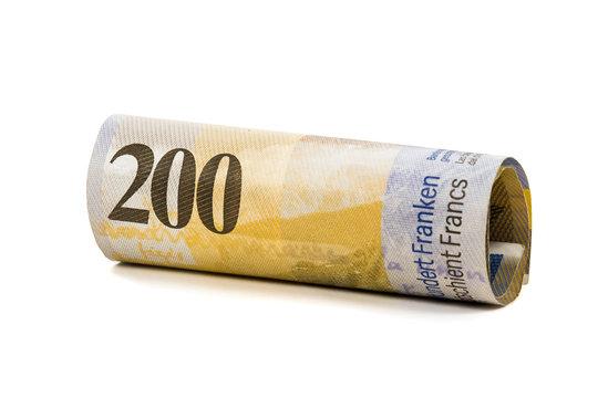 Rolled 200 swiss francs banknotes