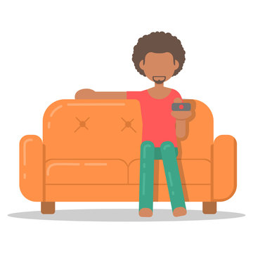 Icon afro man relax on couch in room flat style. Vector logo character on sofa in cartoon style  illustration.