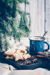 Christmas composition with gingerbread and cup of cocoa