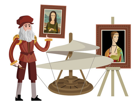 da vinci at his atelier workshop with mona lisa, paintings and helicopter flying machine