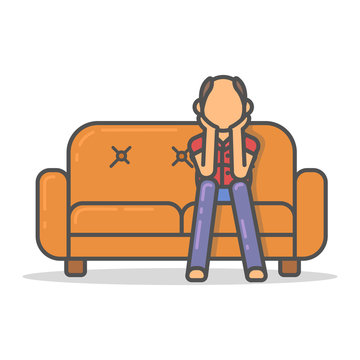 Elderly and paunchy man bored on couch in room flat style. Vector character on sofa flat line illustration.