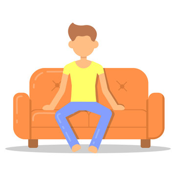 Icon with fashion hairstyle man relax on couch in room flat style. Vector logo character on sofa in cartoon style  illustration.