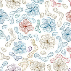 Vector seamless pattern of colorful abstract hand drawn doodles in line style on white background. Illustration for textile, wrap or wallpaper.