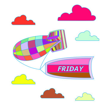 Celebrate Friday. Colorful vector illustration of blimp carrying flag with Friday logo.