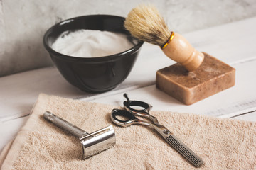 Mens hairdressing wooden desktop with tools