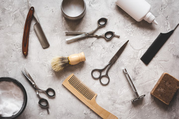 Mens hairdressing desktop with tools top view