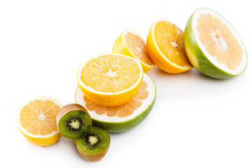 Healthy fruit food citrus slice orange, lemon on white