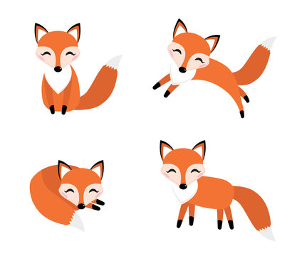 Cute fox set flat style. Foxy in different poses, sleeping, jumping, sitting. Character, mascot Vector illustration