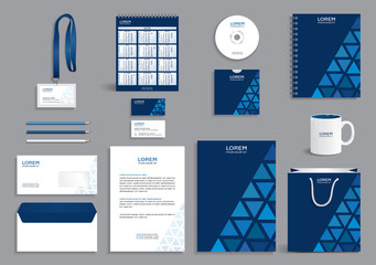 Corporate identity design mock-up, business stationery set template with blue triangles pattern