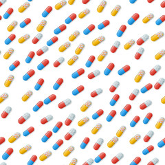 Vector medical seamless pattern with color capsules on white. Background with pharmaceutical pills: vitamin, painkiller and antibiotics. Medicine illustration of medicament dose for health.