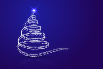 Abstract christmas tree blue background. White christmas tree from lines, sparkles, dots and transparent circles on blue gradient backdrop with shadow and reflection. 